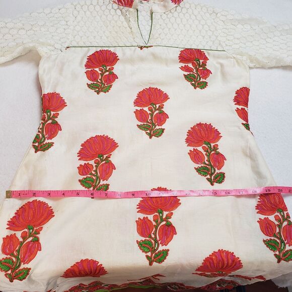 Womens Cream Kurta Top Large Lace Floral Embroidered Bohemian Straight Tunic - Picture 6 of 16